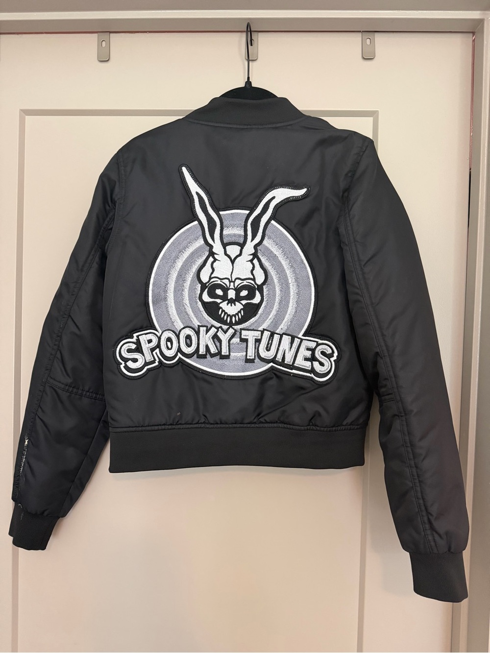 Killstar Black Bomber Jacket with White Bunny Patch spooky tunes